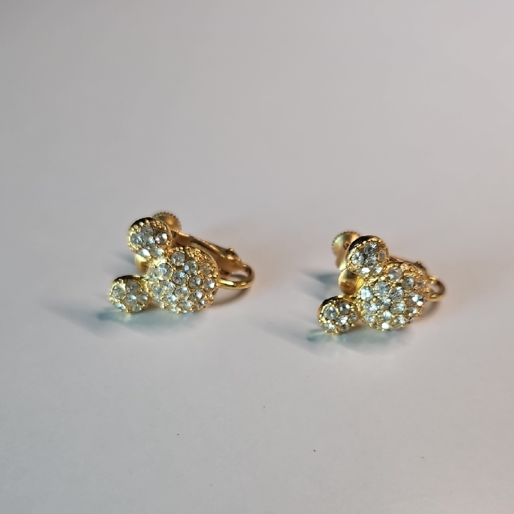 Gold Crystal Mickey-Shaped Screw Back Earrings